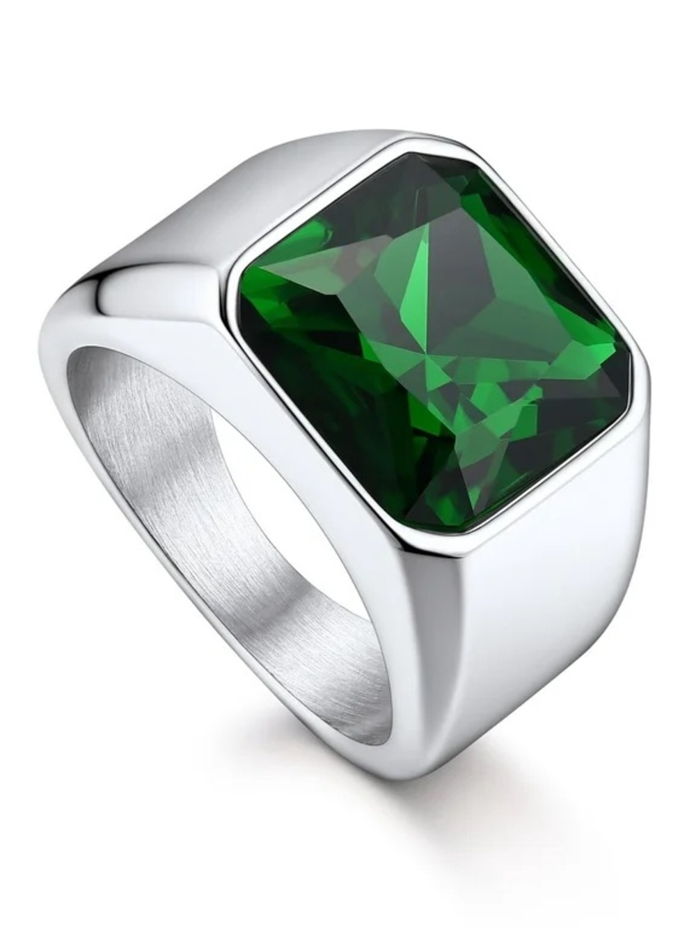 NEW Stainless Steel Silver-Tone Men's Green Stone Signet Ring